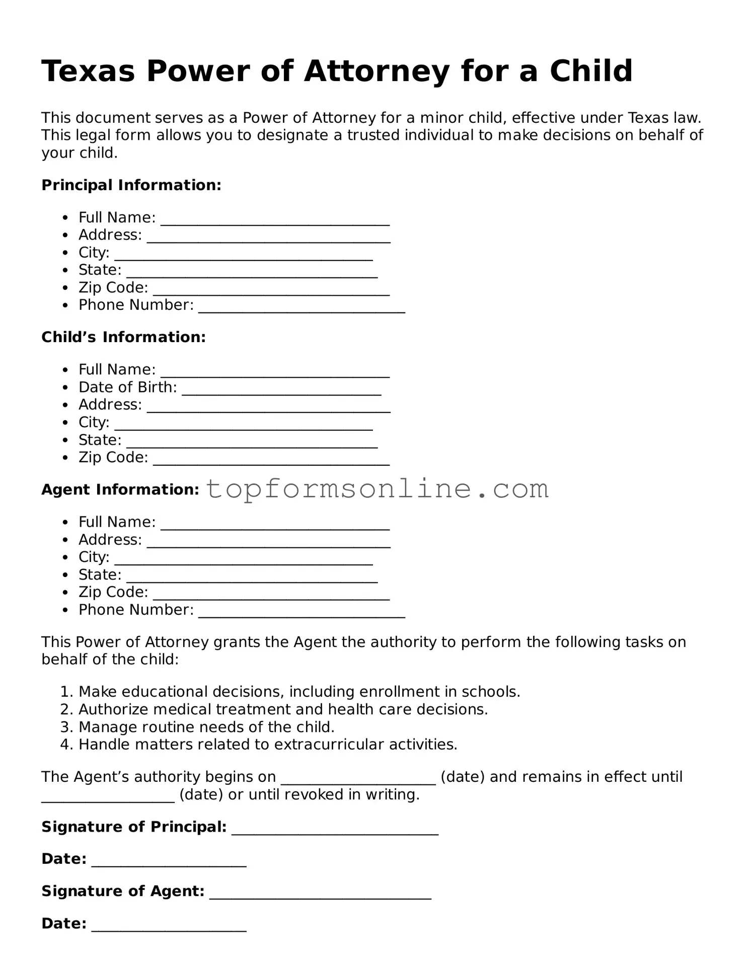 Printable Texas Power of Attorney for a Child Template