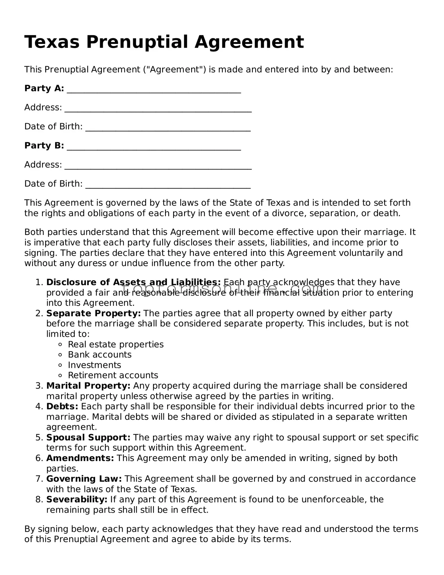 Printable Texas Prenuptial Agreement Template