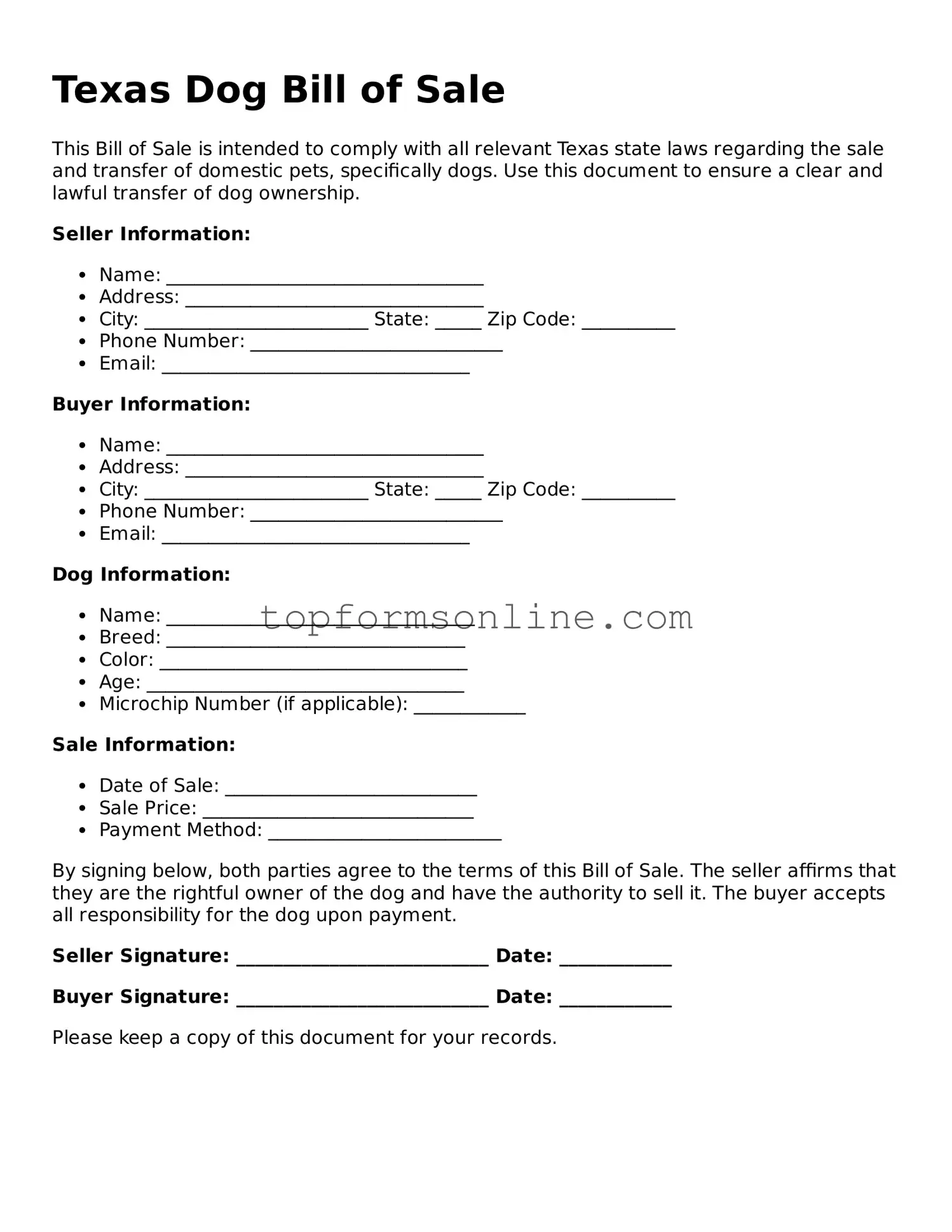 Printable Texas Dog Bill of Sale Template