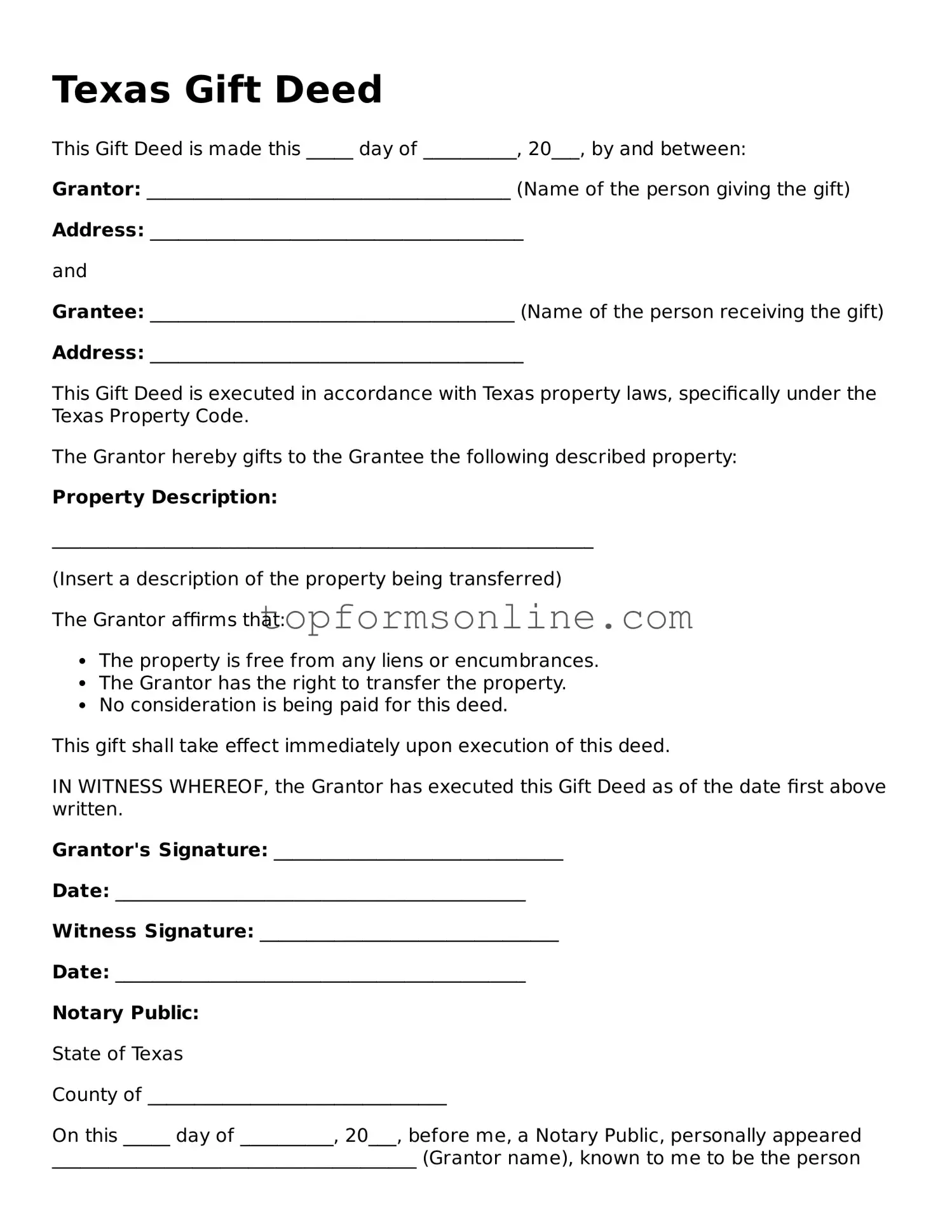 Printable Texas Gift Deed Template