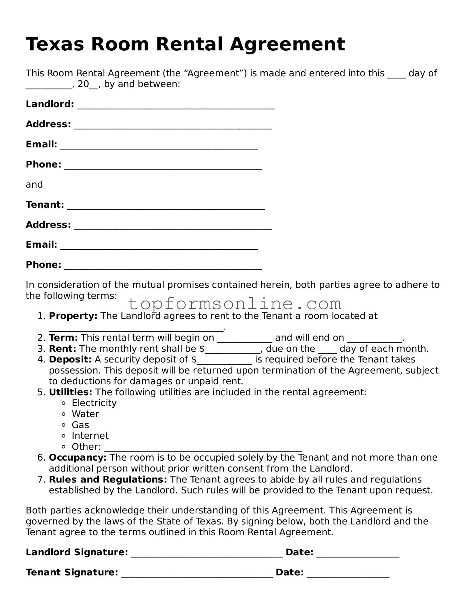 Printable Texas Room Rental Agreement Template