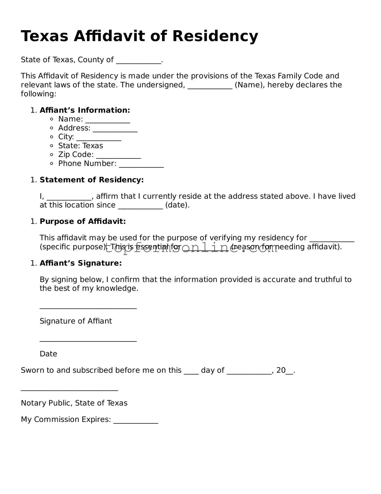 Printable Texas Affidavit of Residency Template