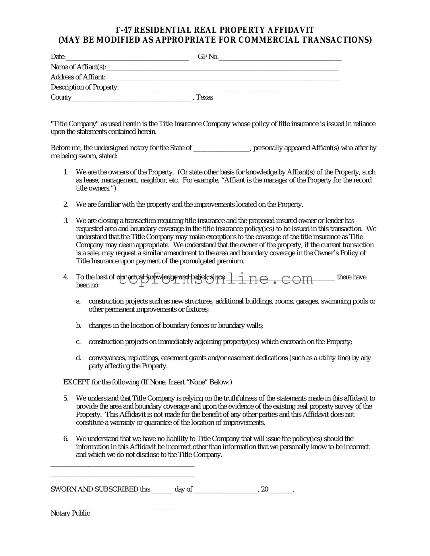 Fill Out a Valid Texas residential property affidavit T-47 Form