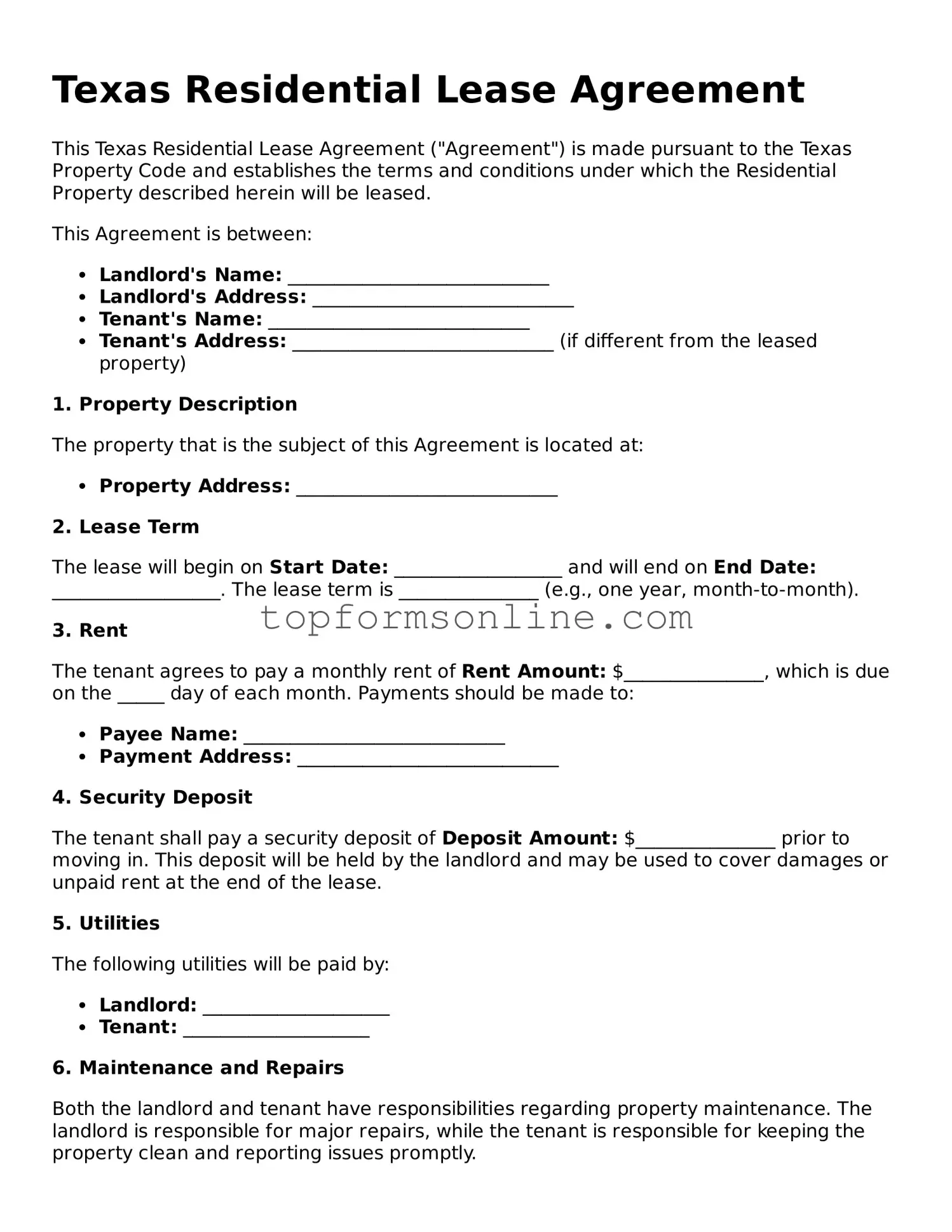 Printable Texas Residential Lease Agreement Template
