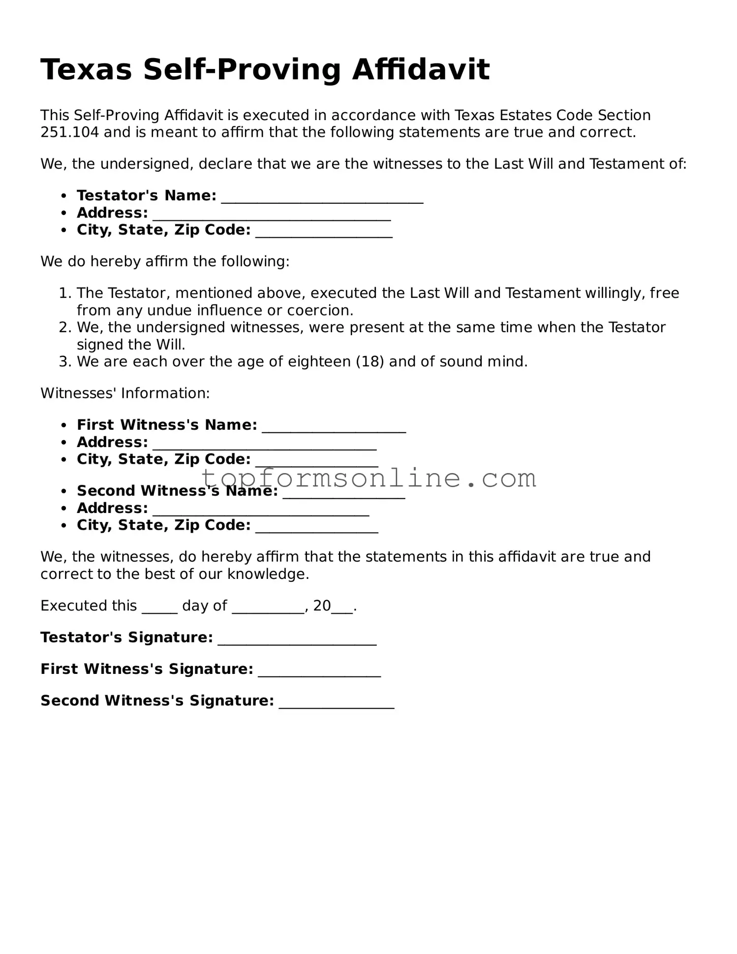 Printable Texas Self-Proving Affidavit Template
