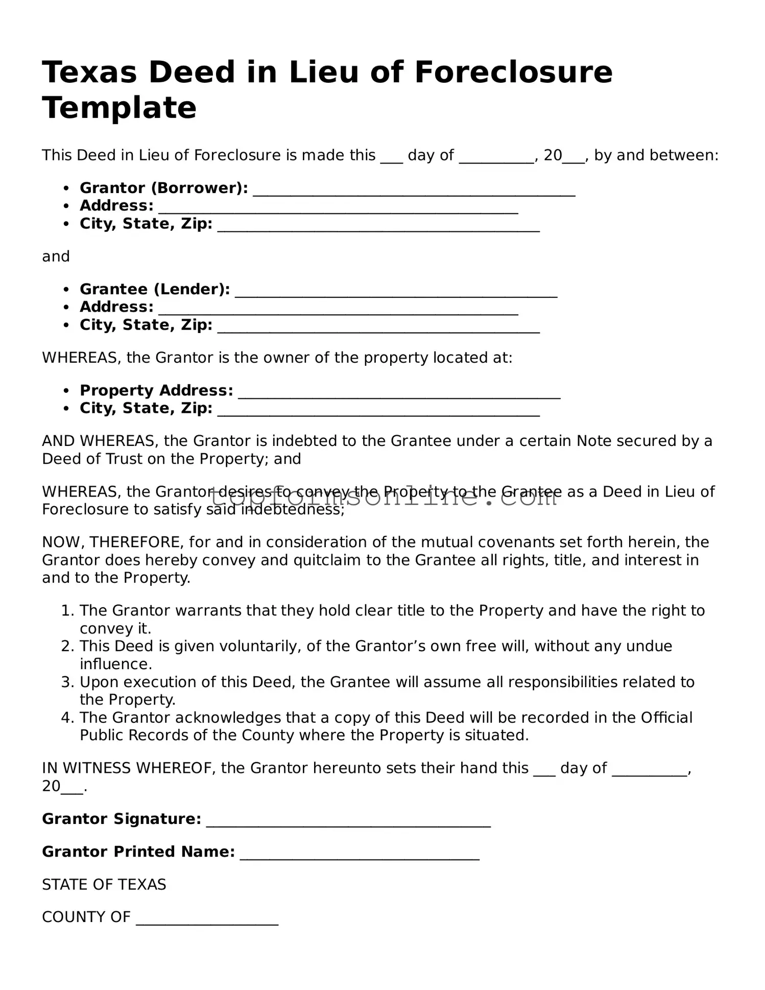 Printable Texas Deed in Lieu of Foreclosure Template