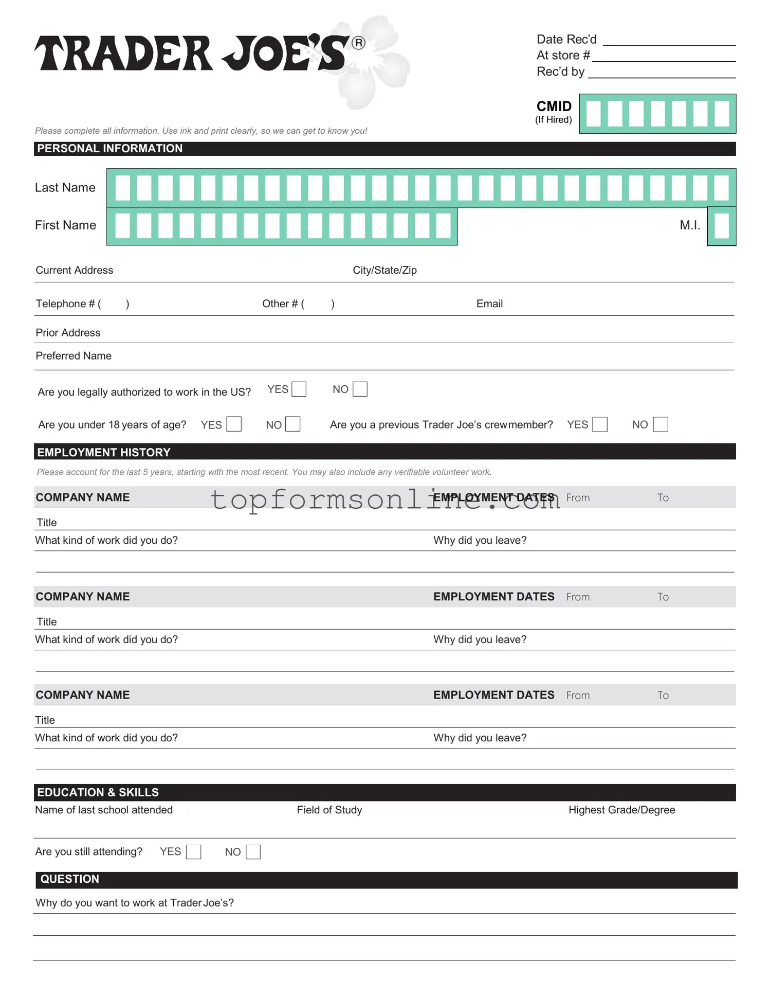Fill Out a Valid Trader Joe's application Form