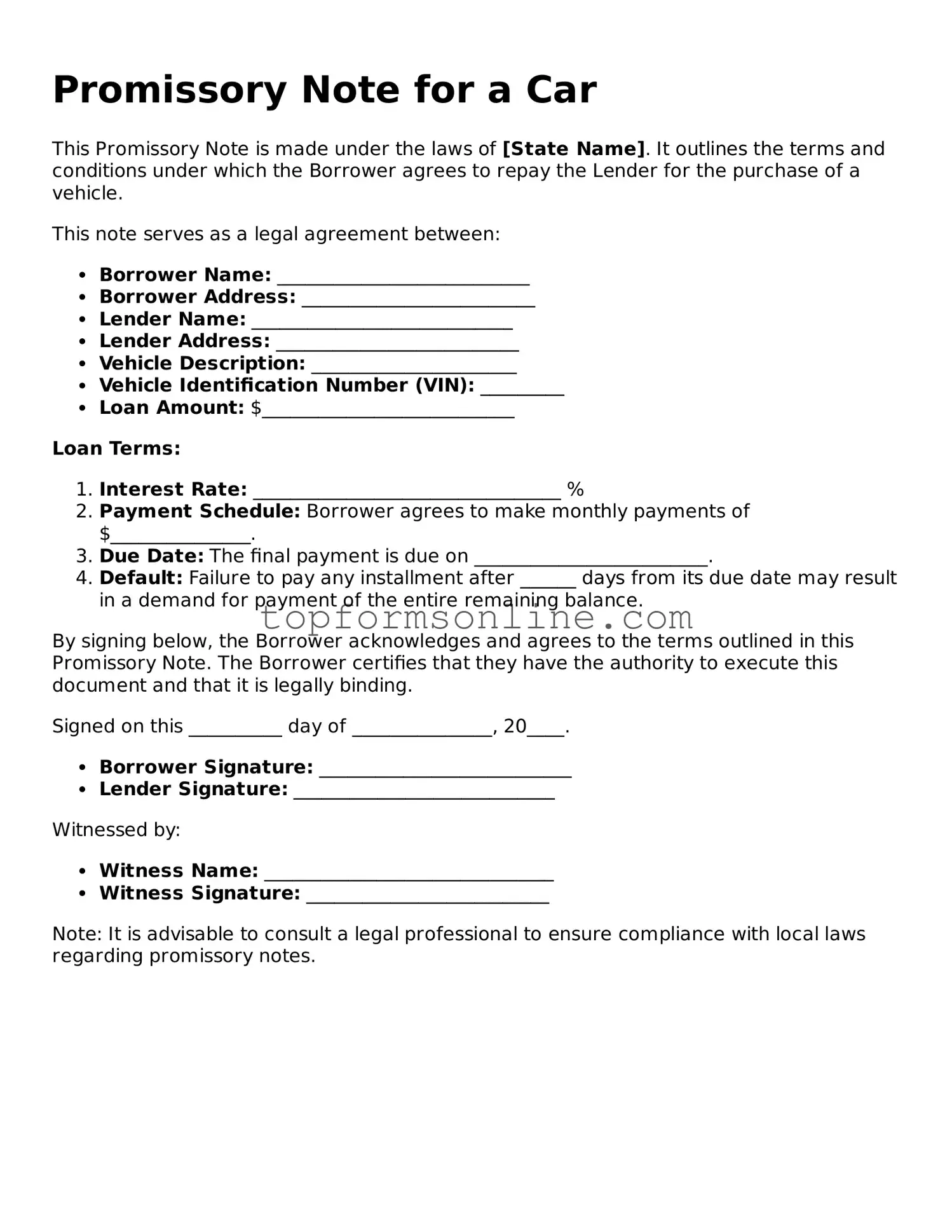 Valid Promissory Note for a Car Template