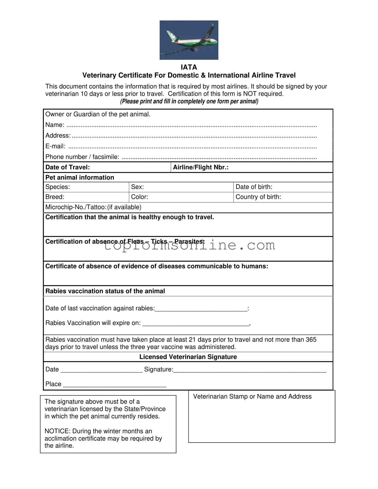 Fill Out a Valid Veterinary Certificate Travel Form